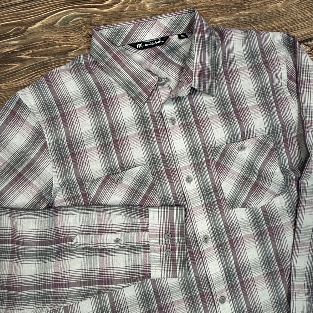 TravisMathew Mens Size XXL Button Down Shirt Grey Burgundy Plaid Long Sleeve